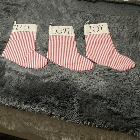 RAE DUNN "PEACE LOVE JOY" RED TICKING STRIPE CHRISTMAS STOCKINGS SET OF 3 - Picture 2 of 12